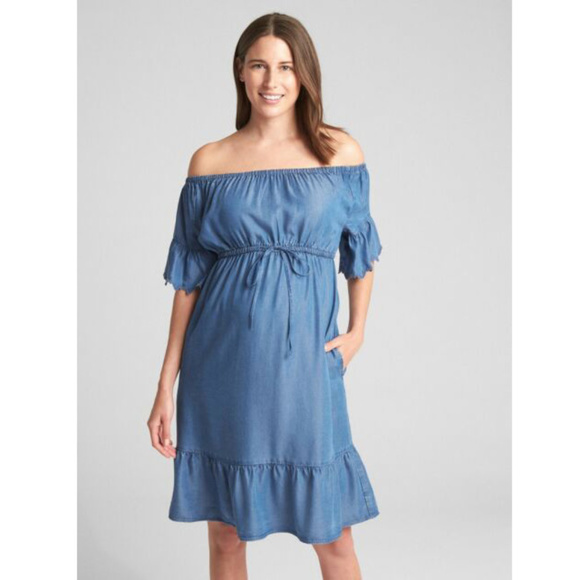 GAP Dresses Gap Maternity New Denim Offshoulder Dress Large Poshmark